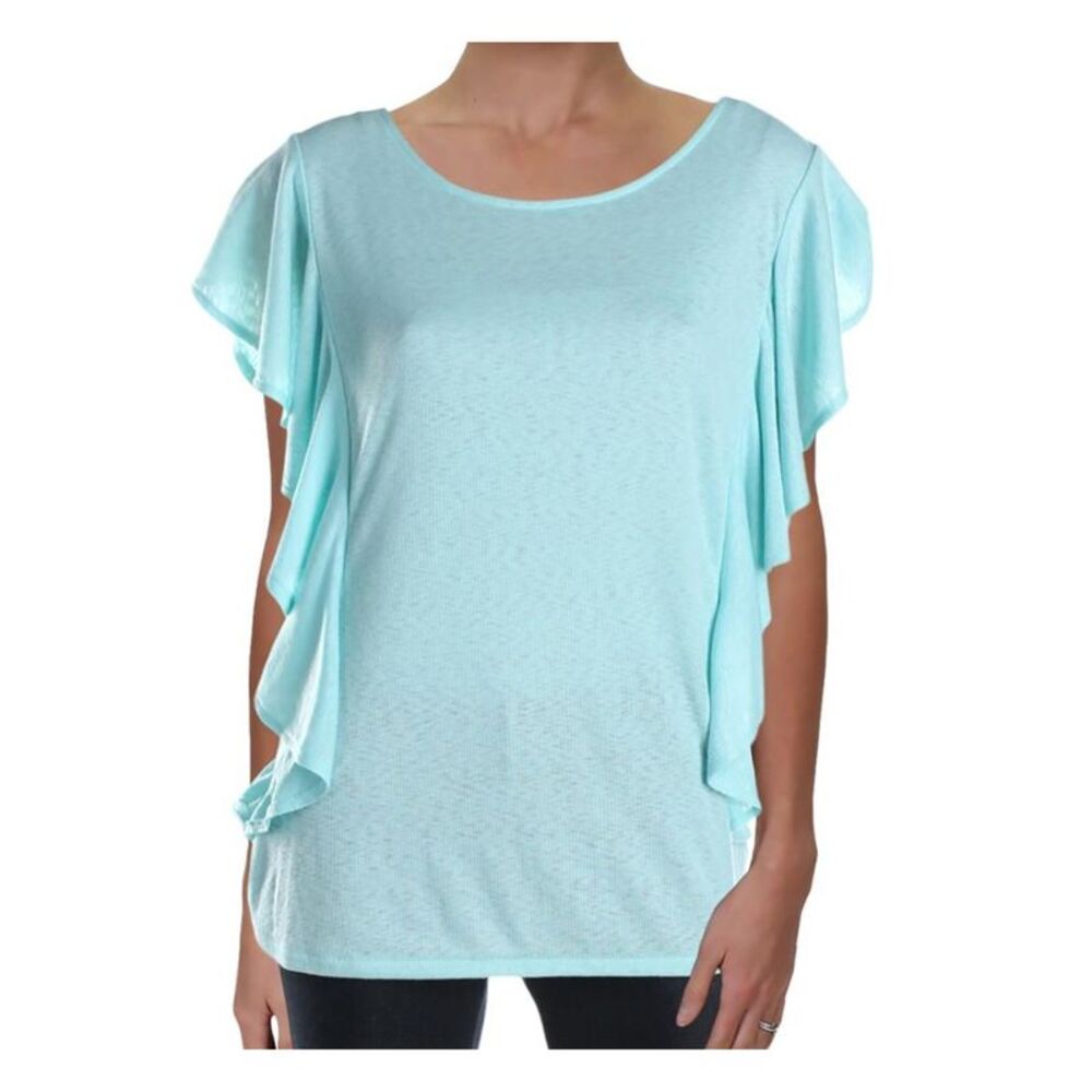 RACHEL ROY Womens Light Blue Ruffled Short Sleeve Jewel Neck Top XL